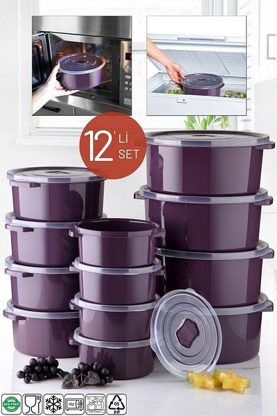 Nandy Home Set of 12 Round Storage Containers for Microwave and Freeze - Plum