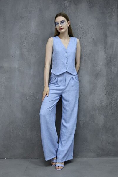 Yeliz طقم بنطلون وسترة من الكتان بالازو مكون من قطعتين - بأزرار وأرجل واسعة