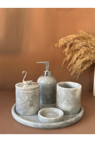 ege gross Decorative Natural Gray Marbroom Accessory 5 Pieces Marbroom Bathroom Set / Marbroom Bathroom Set