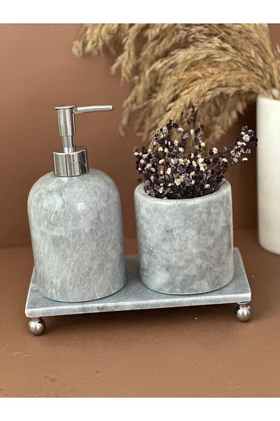 ege gross Decorative Natural Gray Marbroom Accessory 3 Pieces Marbroom Bathroom Set / Marbroom Bathroom Set
