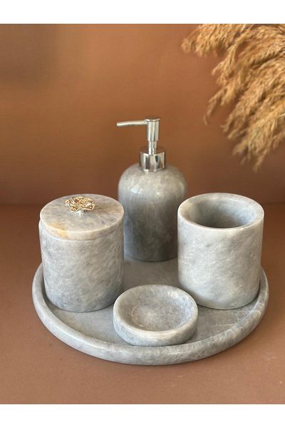 ege gross Decorative Natural Gray Marbroom Accessory 5 Pieces Marbroom Bathroom Set / Marbroom Bathroom Set