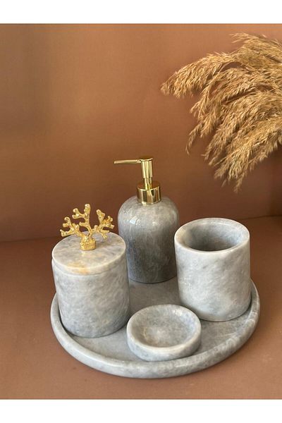 ege gross Decorative Natural Gray Marbroom Accessory 5 Pieces Marbroom Bathroom Set / Marbroom Bathroom Set
