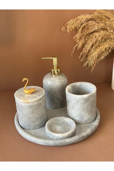 ege gross Decorative Natural Gray Marbroom Accessory 5 Pieces Marbroom Bathroom Set / Marbroom Bathroom Set