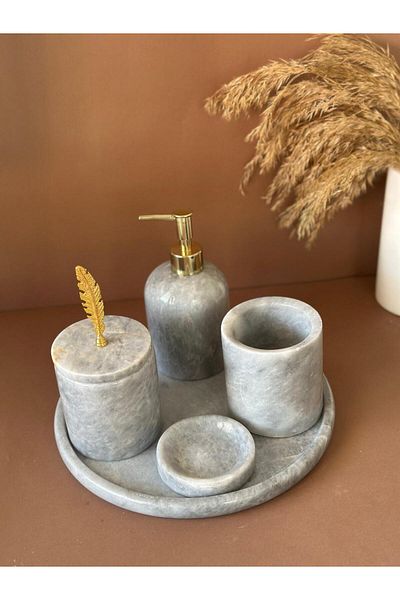 ege gross Decorative Natural Gray Marbroom Accessory 5 Pieces Marbroom Bathroom Set / Marbroom Bathroom Set
