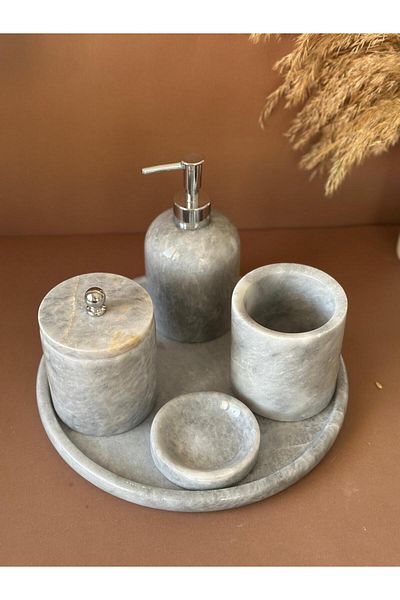 ege gross Decorative Natural Gray Marbroom Accessory 5 Pieces Marbroom Bathroom Set / Marbroom Bathroom Set