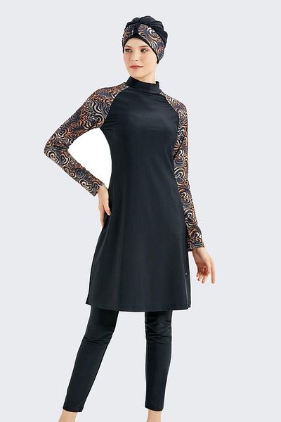 C&City Vollständig bedeckter 4-teiliger Hijab-Badeanzug C14020 Schwarz/Leopard