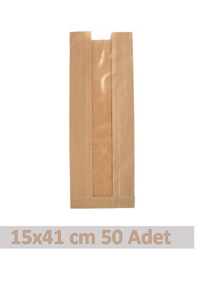 OLİ Art 15x41cm Kraft Paper Bag with Window - 50 Pieces Side Gusset Packaging Gift Package