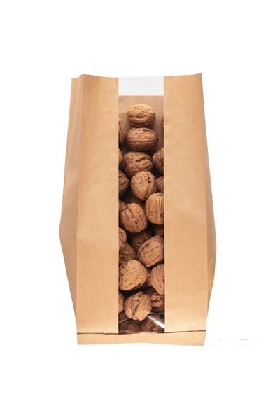 OLİ Art 15x33cm Kraft Paper Bag with Window - 100 Pieces, Side Gusset Packaging Gift Package