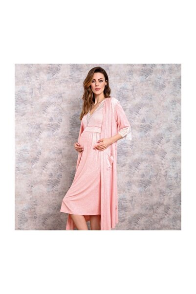 Anıl Γυναικείο ροζ βαμβακερό κοντομάνικο δαντελένιο μακρύ νυχτικό εγκυμοσύνης...