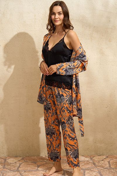Anıl Women's Satin Floral Printed Dressing Gown Lace Tank Top and Pants Pajamas 3-Piece Set (5621)
