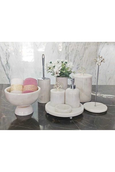 ege gross VERONICA WHITE SILVER - NATURAL WHITE MARBLE BATHROOM SET | 9 PIECES |SILVER| MARBLE VASE | BOWL TOWEL HOLDER