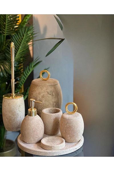 ege gross Decorative Natural Travarten Oval Marble Accessory Detailed 7-Piece Marble Bathroom Set / Marble Bathroom Set