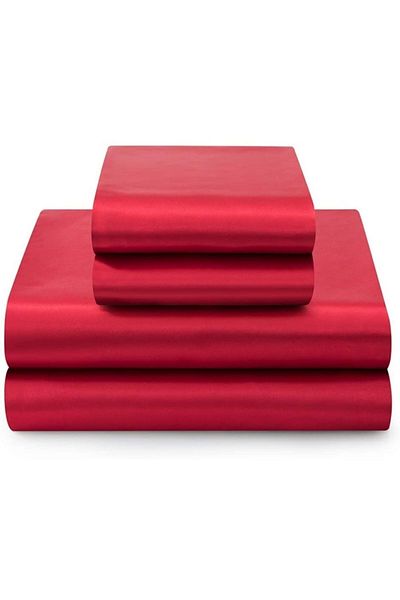 Tinybabyconcept Cotton Satin Double Duvet Cover Set 4 Piece Silk Textured Red 160X220 cm Fitted Sheet