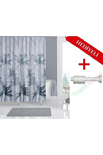Tropikhome Banyo Perdesi Askı Hediyeli Palmiye Desen 180x200cm Tek Kanat Duş ...