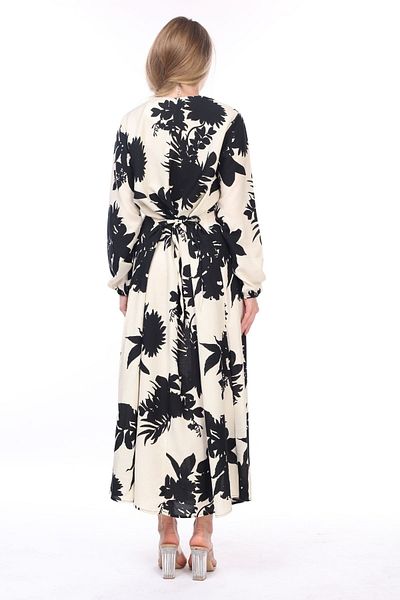 Eceyaman moda Black and White Leaf Pattern - Women's Long Sleeve and Lace-up Dress