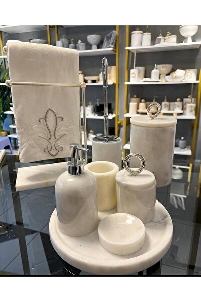 ege gross DEKORATİF DOĞAL BEYAZ MERMER / AKSESUAR DETAYLI 8Lİ MERMER BANYO SETİ /MERMER BANYO TAKIMI