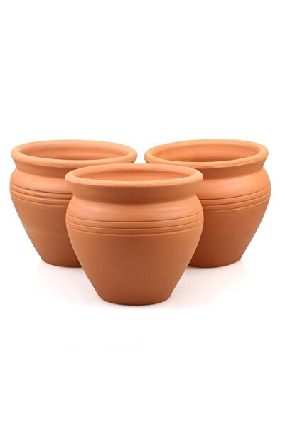 Genel Markalar 3lü Doğal Terleyen El Yapımı Çömlek Toprak Saksı Orta Boy Çizgili