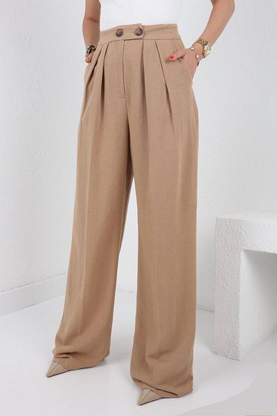 Suzi butik Γυναικείο Palazzo Παντελόνι από λινό Camel με υφή