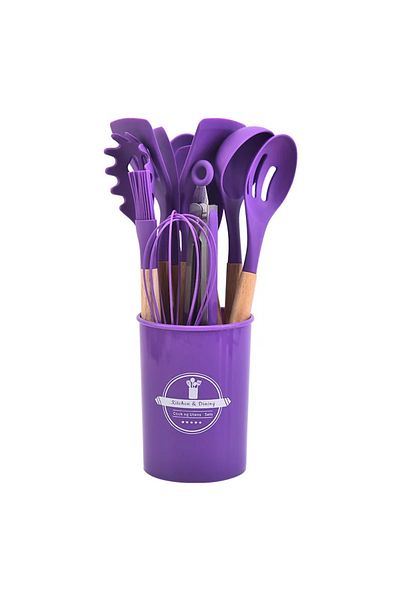 Choice 12Pcs Silicone Kitchen Utensils Cooking Wooden Handle Non Stick Pot Kitchenware Set Storage Bucke...