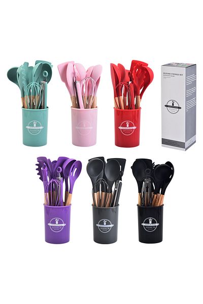Choice 12Pcs Silicone Kitchen Utensils Cooking Wooden Handle Non Stick Pot Kitchenware Set Storage Bucke...