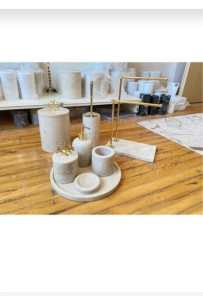 ege gross Decorative Natural Beige Marmor Gold Coral Accessory Detailed 8-Piece Marmor Bathroom Set / Marmor Bathroom Set