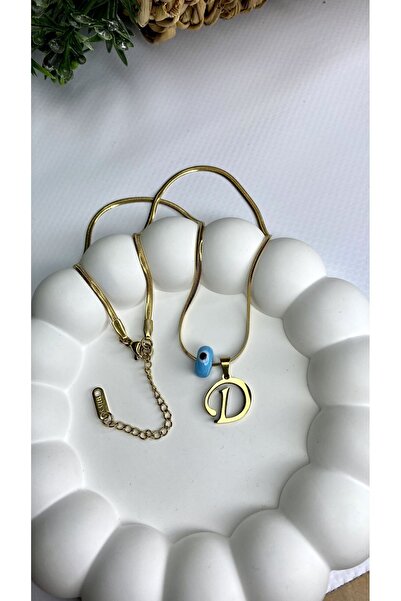 JustGAF سلسلة إيطالية ذهبية / ذهبية اللون خرز أزرق 40 سم حرف D قلادة فولاذية