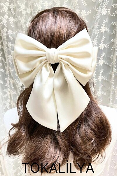 TOKALİLYA Kadın Saten Xxl Büyük Boy Krem Fiyonk Otomatik Klipsli Toka