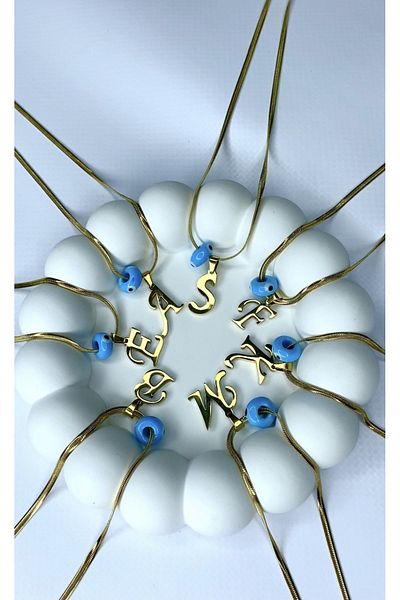 JustGAF Gold / Gold Color Italian Chain Blue Bead 40 Cm K Letter Steel Necklace