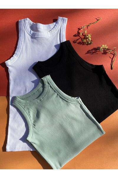 VicTroy Halter Collar 3-Piece Cotton White, Black and Aged Green Under Shirt Women's Camisole Singlet 64V62