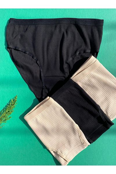Freya Boutique Women's 4-Piece Cotton Black and Tan Color Ribbed Triangle Slip Panties 50V20