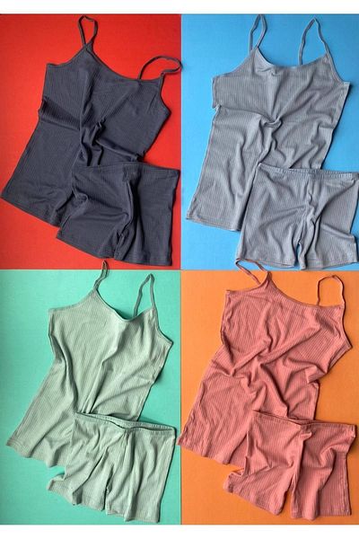 VicTroy Set de 4 piese pentru maioț și pantaloni scurți pentru femei, cu bretele din frânghie cu nervuri