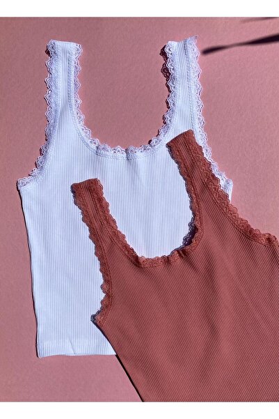 VicTroy White and Dusty Rose Color Lace Detailed Pool Collar Crop-Atlet - Camisole Fabric Set of 2