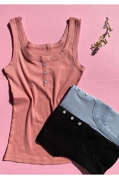 VicTroy Seta Bianca Ribbed 3-Piece Button Detailed Thick Strap Black, Rose K. and Blue Color Women's Undershirt 64V63