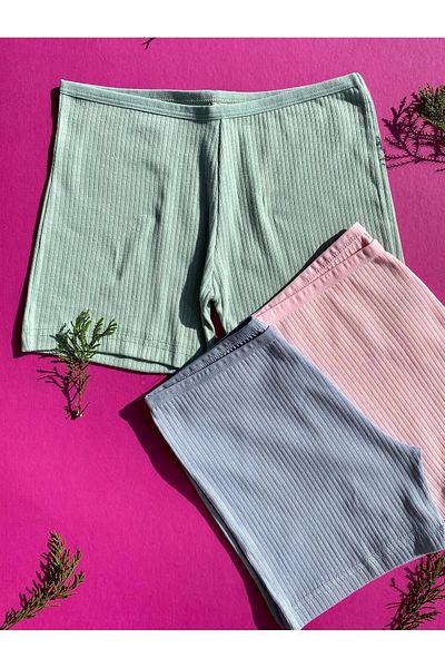 VicTroy Cotton 3-Piece Pink, Blue and Green Color Ribbed Women's Shorts – Panties 50V19