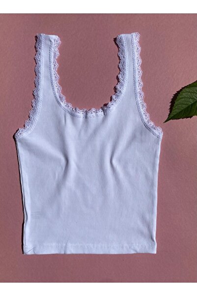 VicTroy White and Dusty Rose Color Lace Detailed Pool Collar Crop-Atlet - Camisole Fabric Set of 2