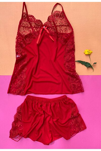 VicTroy Red Color Color Viscose Fabric Lace Nightgown Set with Transparent Sides