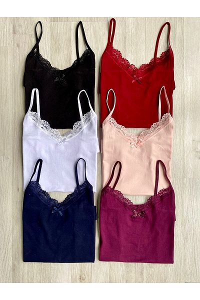 VicTroy 6 Pieces of Cotton Lycra Rope Strap Undershirts (CLARET RED, BLACK, WHITE, SALMON, NAVY BLUE AND DAMSON COLOR)