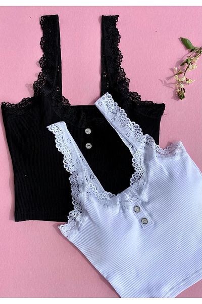 VicTroy Padded, Button Detailed Lace Strap-Ribana, Cotton 2-Piece Black and White Corded Women's Tank Top 64V34
