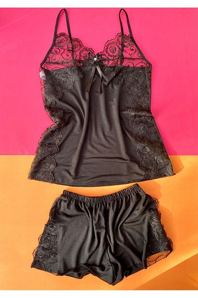 VicTroy Viscose 1 Piece Black Color Lace Nightgown Set