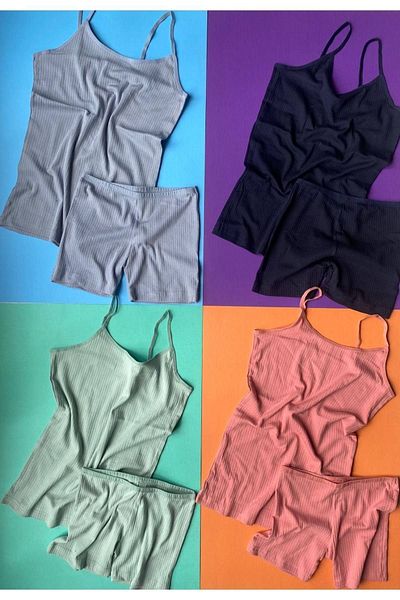 VicTroy Set de 4 piese pentru maioț și pantaloni scurți pentru femei, cu bretele din frânghie cu nervuri