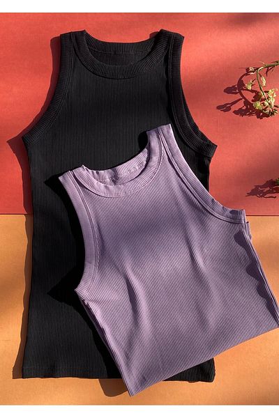 VicTroy Halter Collar 2-Piece Cotton Black and Plum Under Shirt Rescue Women Camisole Singlet 64V62