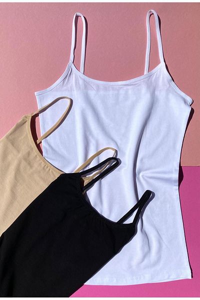 Ahmio Set of 3 Black, White and Tan Colored Cotton Women's Undershirt - Basic Model with Rope Strap