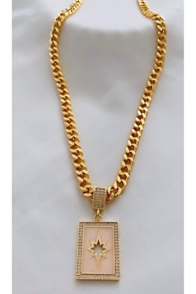 VNS Accessories Vip Thick Chain Stone Detailed Plate Necklace (45+5 cm)