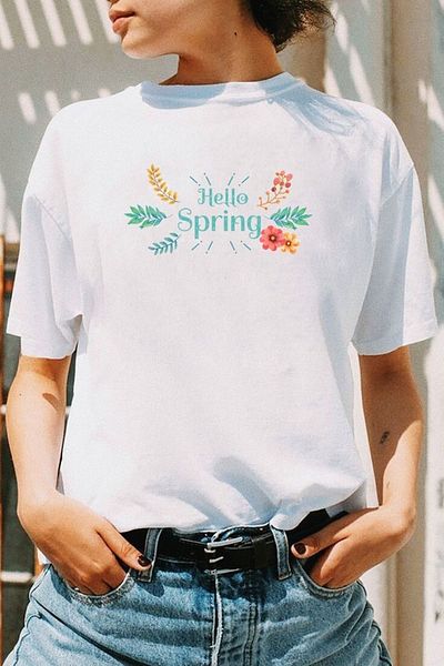 spearly Tricou alb cu imprimeu de primăvară supradimensionat din bumbac pieptănat