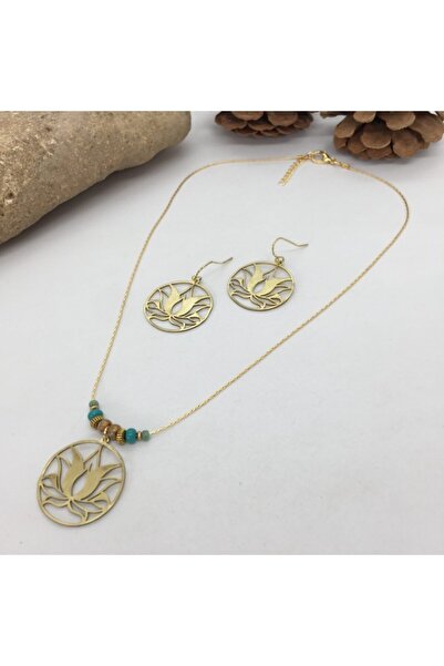 Porsuk Alternatif El Yapımı Etnik Otantik Bohem Hippi Piriç Lotus Kolye Küpe Set