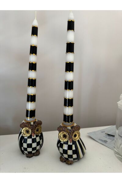 Hatice sakallı design 2 'li siyah beyaz gold detaylı şamdan mumu el boyama şa...