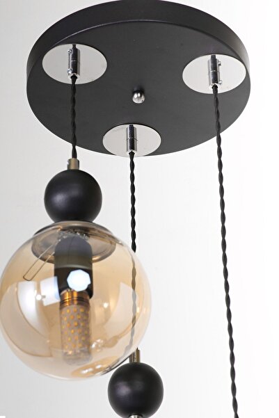 MŞ Aydınlatma Misket 3'lü Siyah Krom Bal Camlı Sarkıt Avize