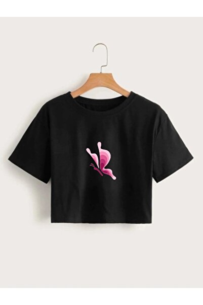 Redo Tricou crop cu imprimeu fluture negru de damă