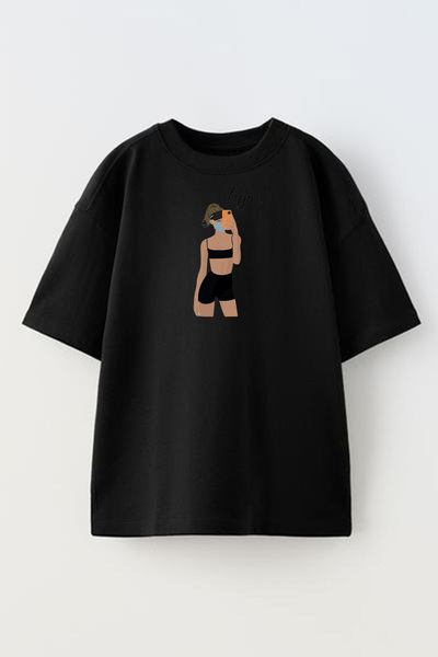 NMG TEKSTİL Unisex Black Oversize Cotton Cropped Girls Gym Pose Printed Knitt...