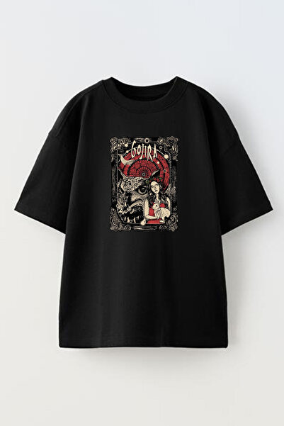 NMG TEKSTİL تي شيرت قطني أسود كبير الحجم منقوش بومة Gojira للجنسين